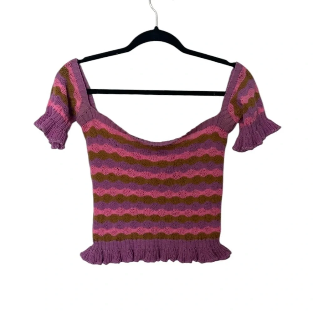 Vtg Union Label Pink and Brown Striped Knit Top/Sweater Ruffle Trim Size Small